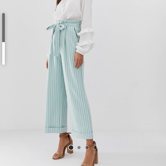 VILA Pants - Wide Leg Crop Stripe Pants Mint Paperbag Waist